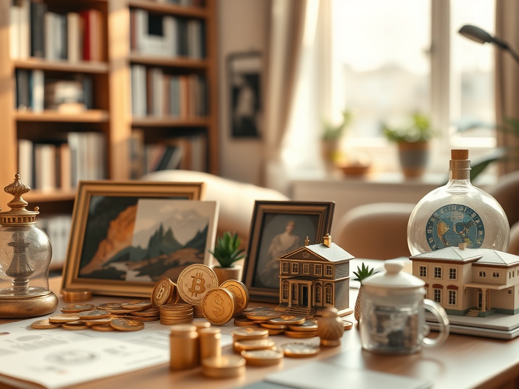 На столе расположены монеты, модели домов, картины и стеклянная банка с глобусом. Уютная обстановка.