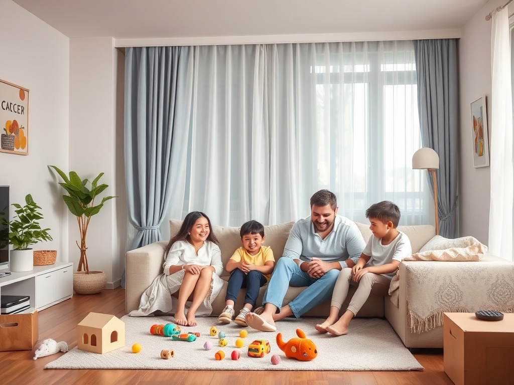 Семья проводит время вместе, играя на диване в уютной комнате с игрушками на полу.