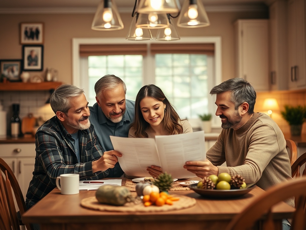 Четыре человека обсуждают документы за обеденным столом, на котором стоят фрукты и детали декора.