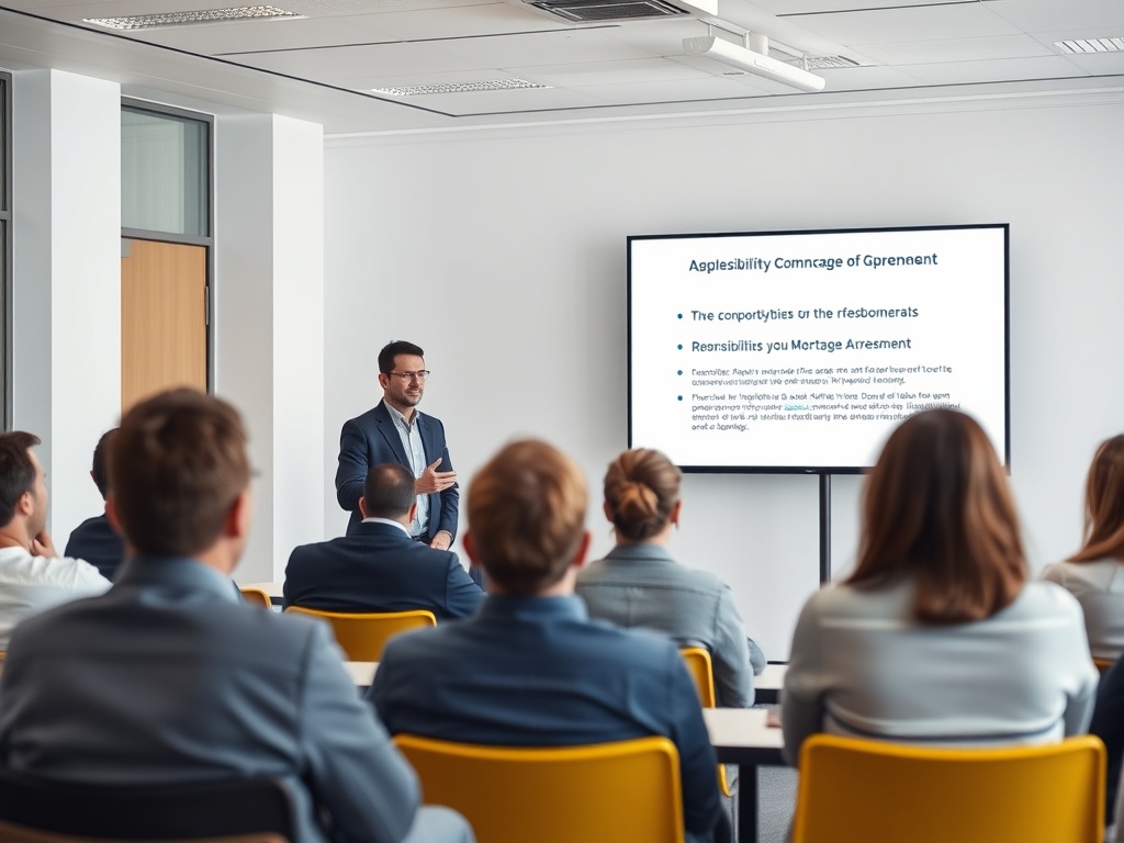 На встрече выступает человек, демонстрирующий слайды аудитории в офисном помещении.