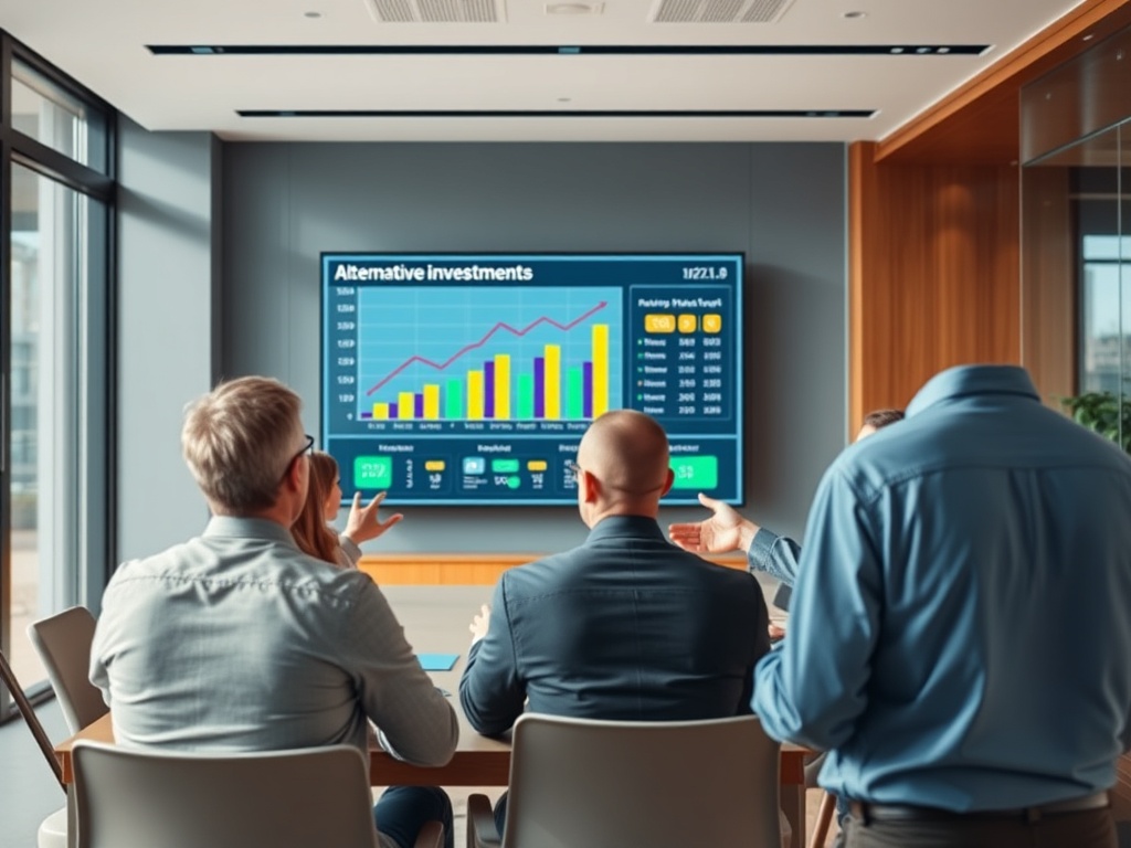 На встрече обсуждаются альтернативные инвестиции, на экране - графики и данные.