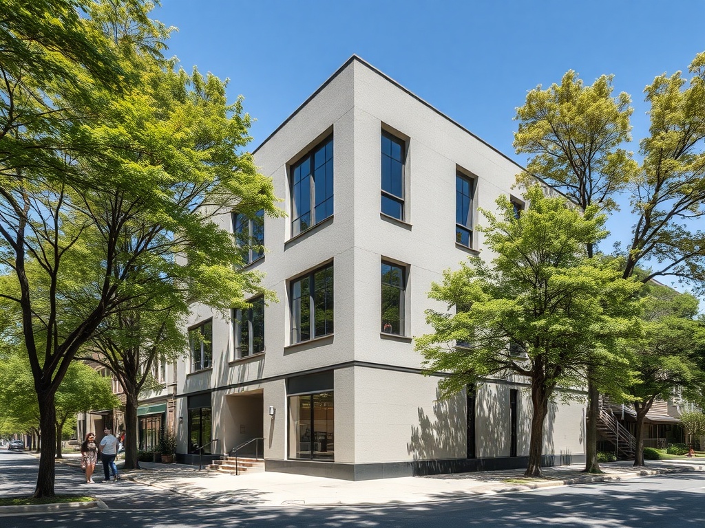 Современное здание на улице, окруженное зелеными деревьями, в ясный солнечный день.