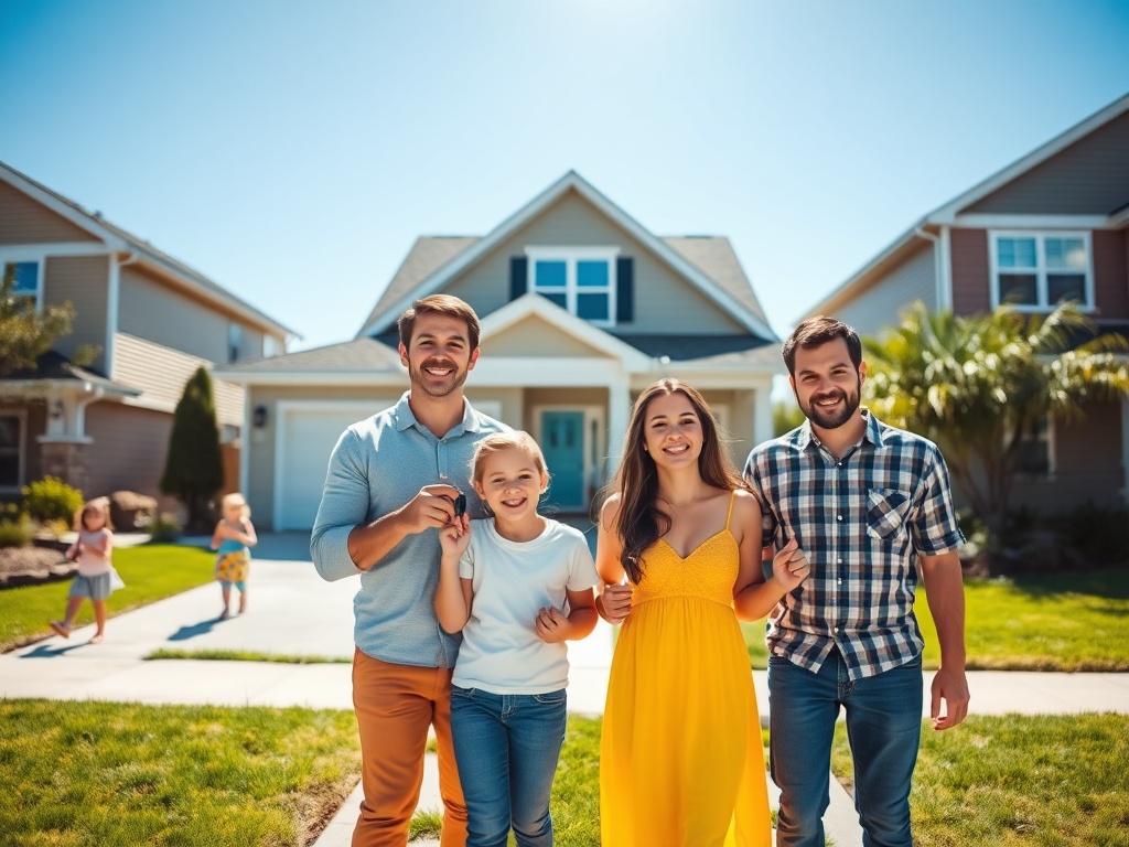 Счастливая семья стоит перед домом, улыбаются, держа за руки детей на фоне зелёного двора.