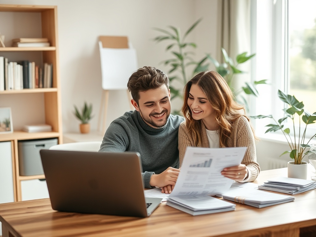 Молодая пара сидит за столом, смотрит на документы и улыбается, работая вместе в уютном офисе.