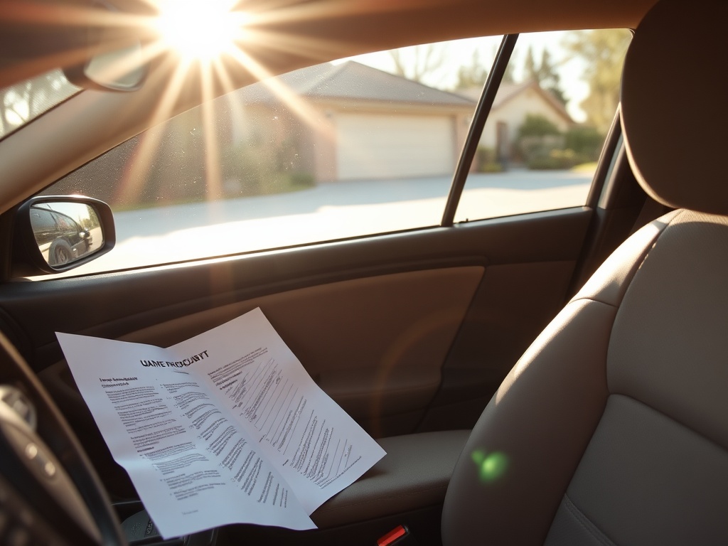 Внутри автомобиля лежит документ на сиденье, солнечный свет светит через окно.