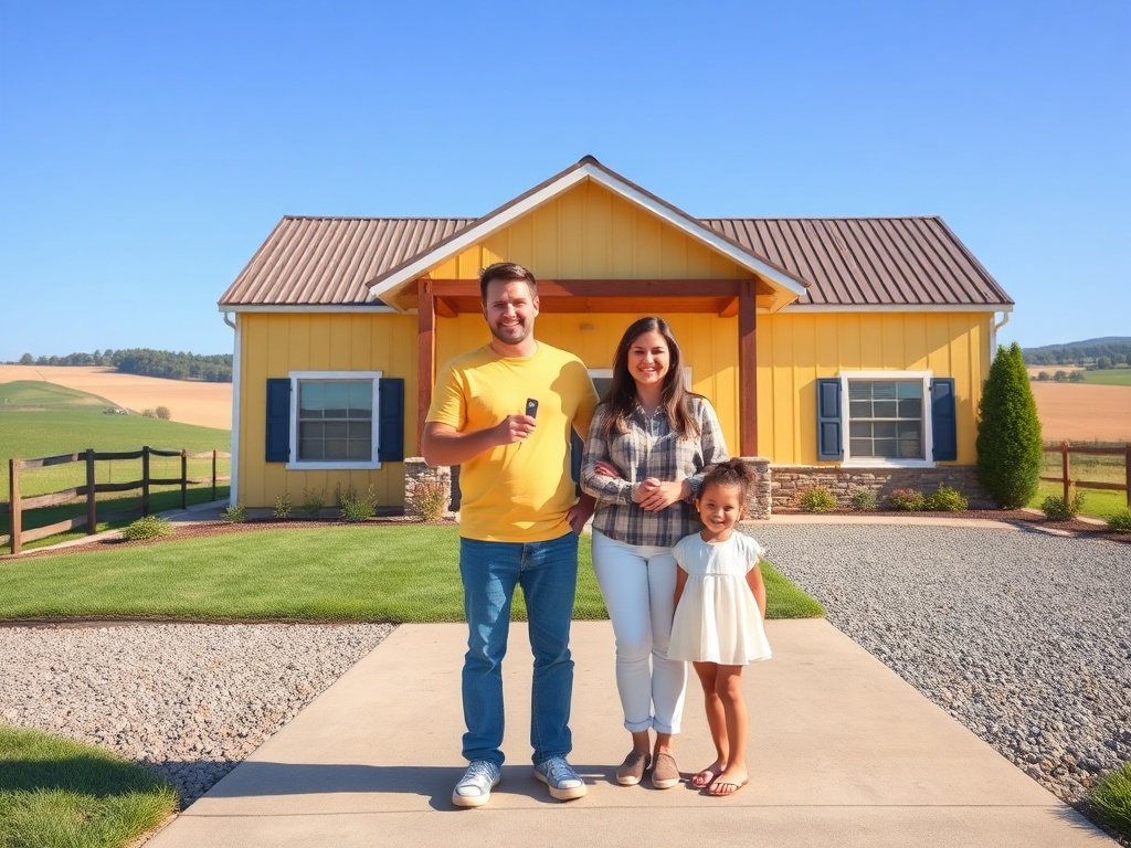 Счастливая семья стоит на фоне своего нового желтого дома под ясным небом. Выглядят радостно и уверенно.