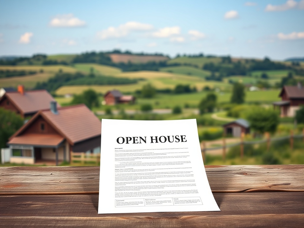 Документ на столе с заголовком "OPEN HOUSE", на фоне деревенского пейзажа с домами и зелеными холмами.