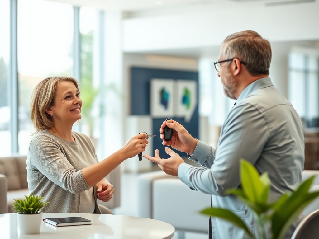 Женщина улыбается и получает ключи от автомобиля от мужчины в современном офисе.