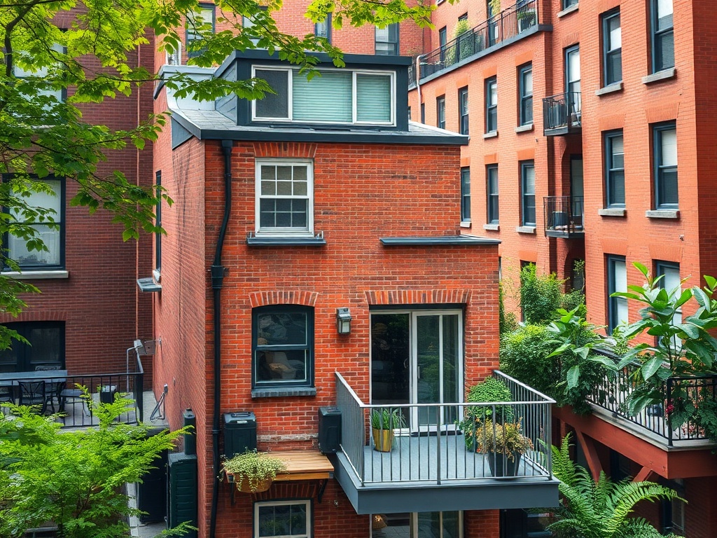 Красный кирпичный дом с балконом, окружённый зелёными растениями и многоквартирными зданиями.