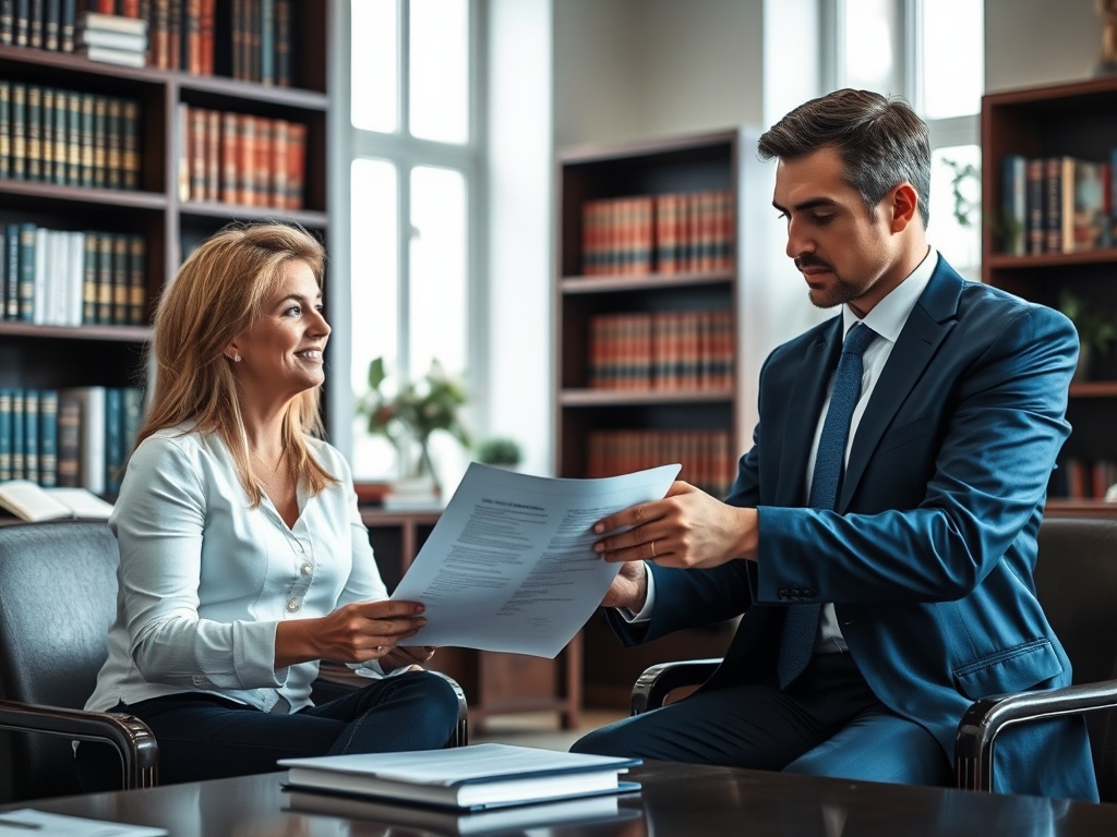 На изображении мужчина и женщина обсуждают документы в офисе, окруженном книжными полками.